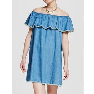 Mossimo Supply Women's Off The Shoulder Denim Chambray Dress Frayed Hem Size L
